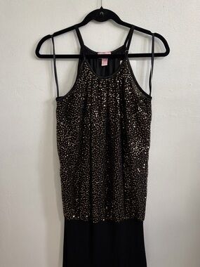 Kiss & Tell Black Sequin Midi Dress with Gold Accent